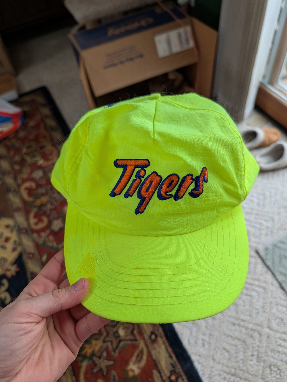 Vintage 80s Retro Detroit Tigers Neon Yellow Snapback Hat MLB Baseball Vtg